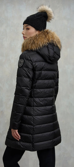 BLAUER Giubbotto Donna Piumino Invernale Fasciato Con Pelliccia Lungo Nero