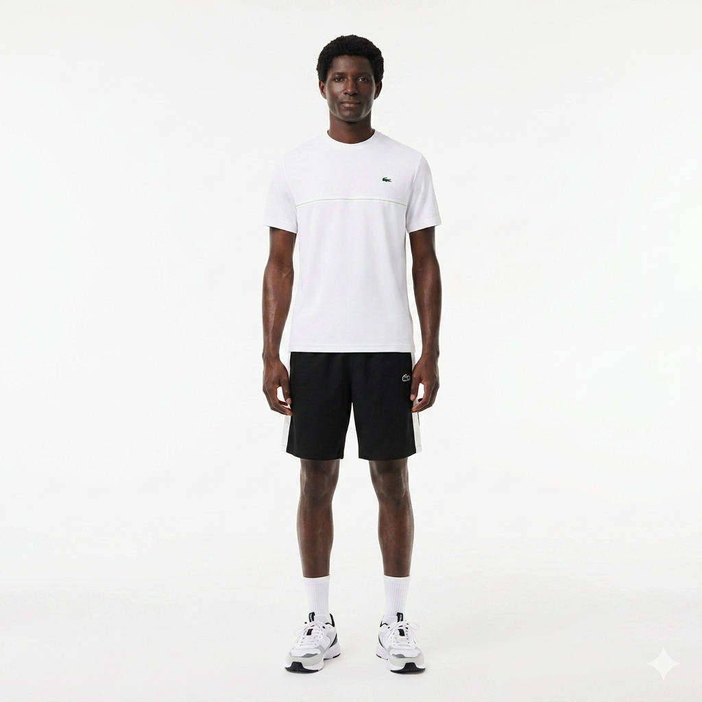 LACOSTE Completino Ultra Dry Banda Centrale Stampa Logo Retro Bianco/Nero