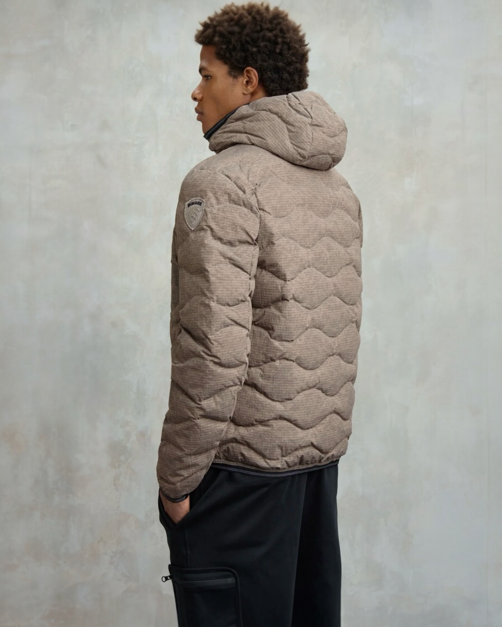 BLAUER Giubbotto Uomo Piumino Invernale Ondulato Con Fantasia a Quadretti Beige