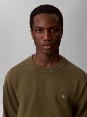 CALVIN KLEIN Maglioncino Girocollo In Cotone Liscio Logo Piccolo Verde Oliva