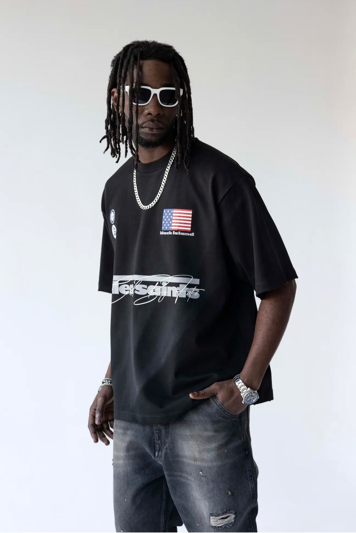 BLACK ISLAND T-Shirt In Cotone Sfumata Cropped Con Stampa America Nero