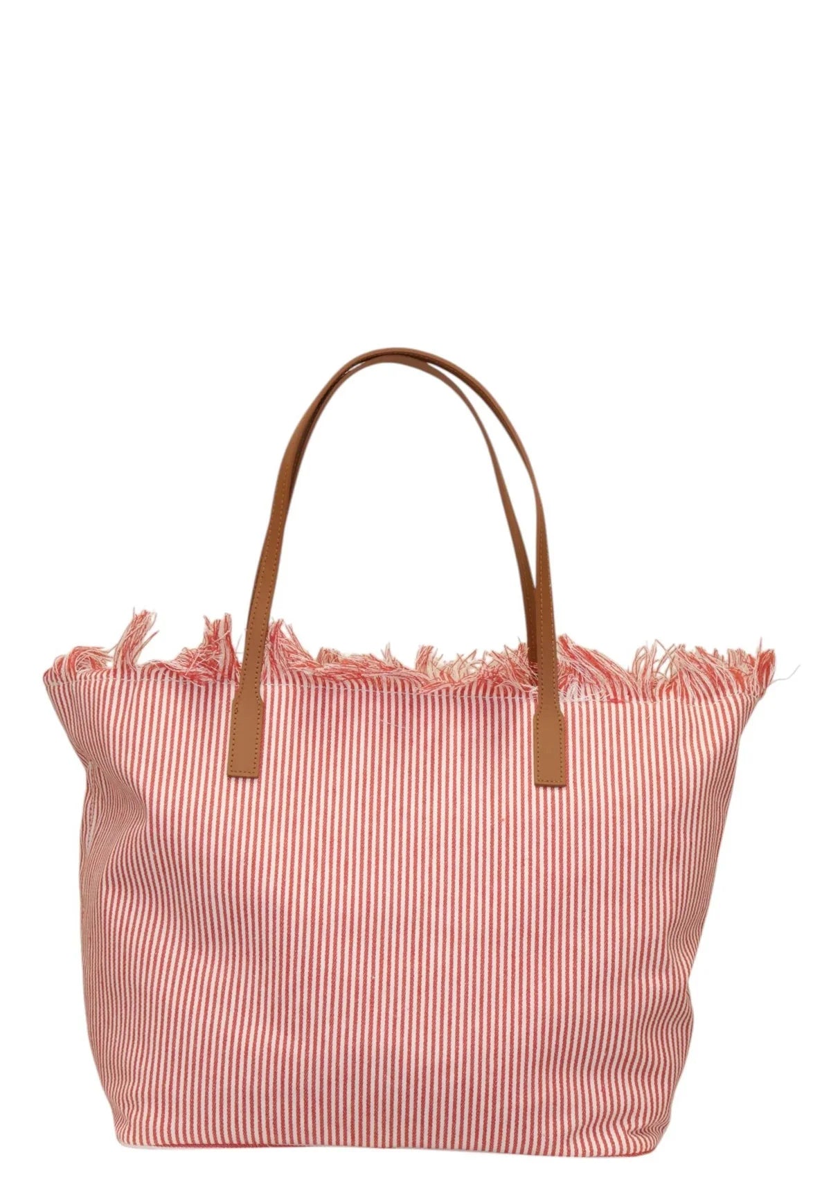 SAINT BARTH Borsa City Regular in canvas Micro Stripes con chiusura a zip e frange Bianca/Rosa