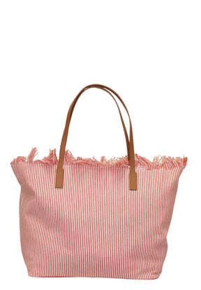 SAINT BARTH Borsa City Regular in canvas Micro Stripes con chiusura a zip e frange Bianca/Rosa