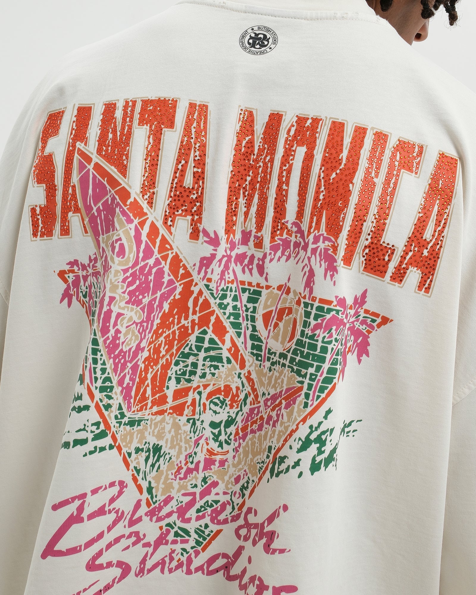 BUTISH T-Shirt SANTA MONICA Stampa Fronte e Retro Con Strass Bianca