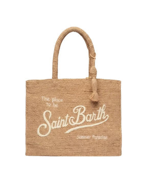 SAINT BARTH Borsa a spalla Vanity Rafia beige con logo bianco