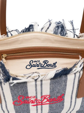 SAINT BARTH BORSA DONNA CITY BAG MID A RIGHE CON FRANGE BLU/BIANCA LOGO RICAMATO FUCSIA