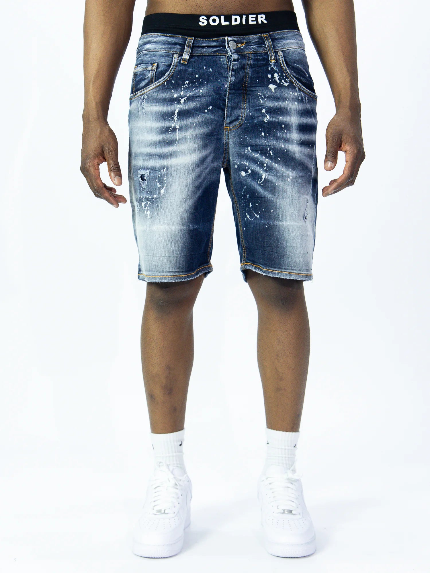 SOLDIER Bermuda Jeans  In Denim Classico Effetto Macchiato Blu