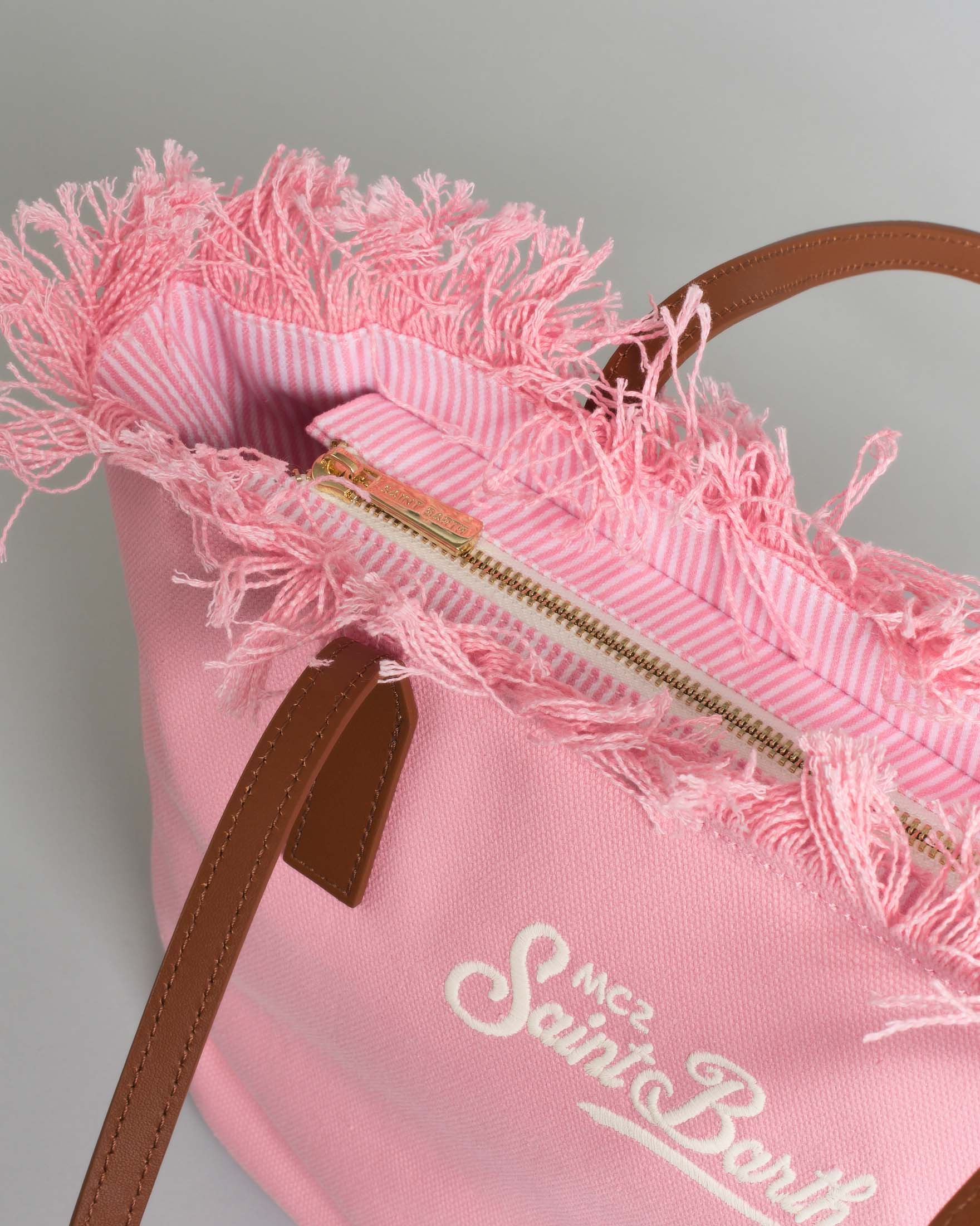 SAINT BARTH Borsa City Medium in cotone rosa con chiusura a zip e frange