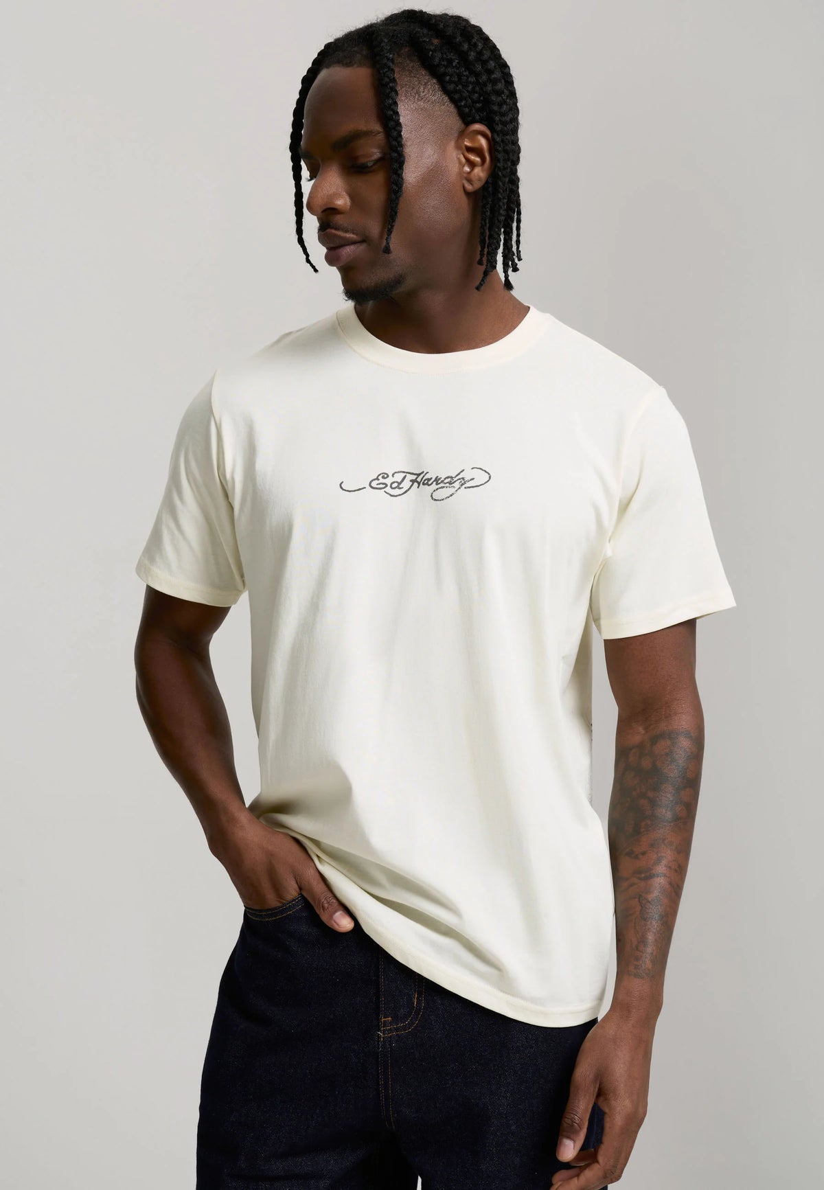 ED HARDY T-Shirt Con Logo Centrale e Stampa Retro Panna