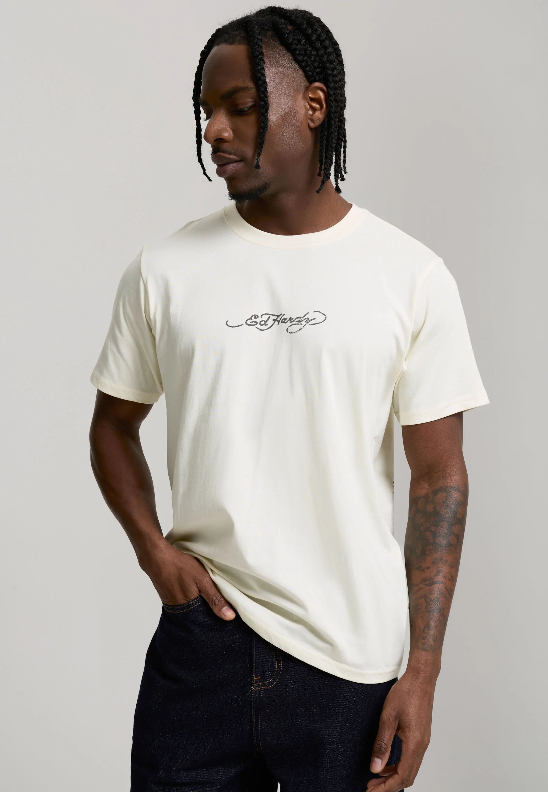 ED HARDY T-Shirt Con Logo Centrale e Stampa Retro Panna