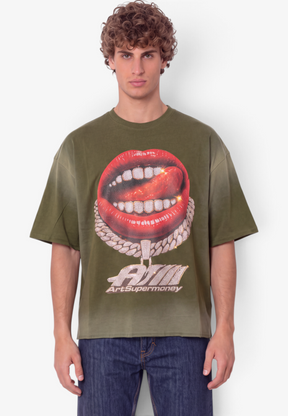 ART SUPER MONEY T-Shirt GRILLZ Con Stampa e Strass Fronte Retro Verde Militare