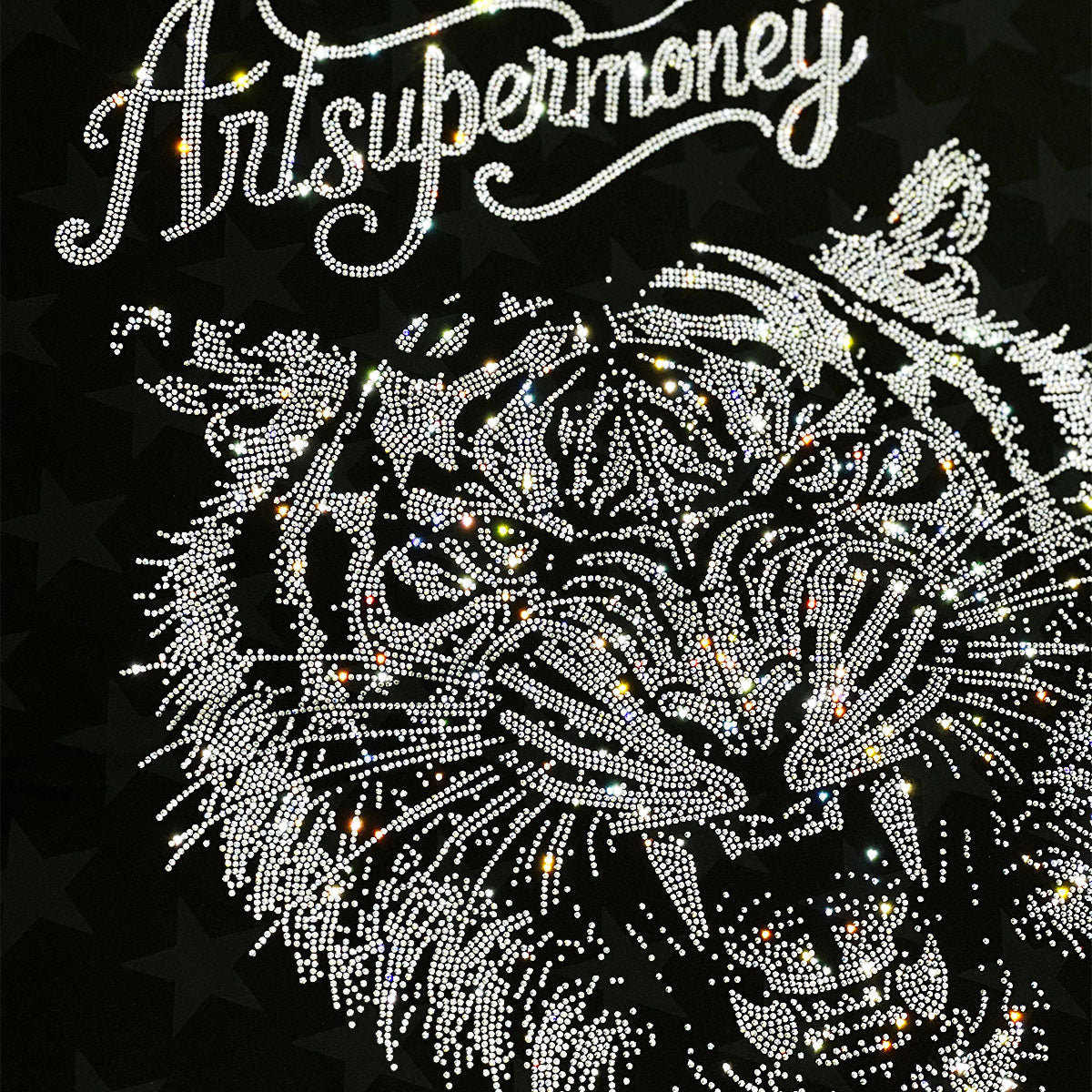ART SUPER MONEY T-Shirt Holy Tiger Con Stampa e Strass Fronte Retro Con Stampa Star Nera