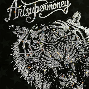 ART SUPER MONEY T-Shirt Holy Tiger Con Stampa e Strass Fronte Retro Con Stampa Star Nera
