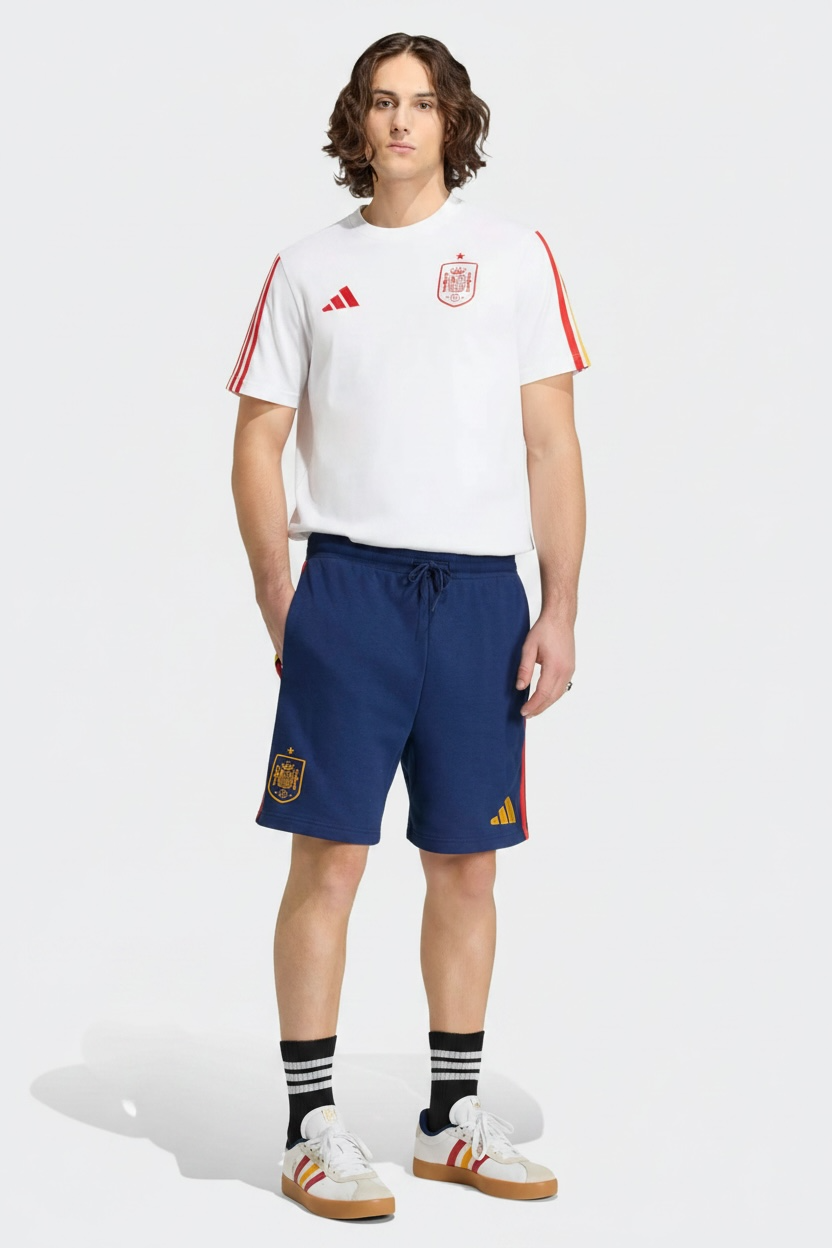 ADIDAS Completino SPAGNA T-Shirt Bianca e Pantaloncino Blu Strisce Gialle/Rosse