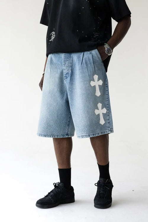 BLACK ISLAND Bermuda Jeans Jorts Con Dettagli Croci e Brillantini