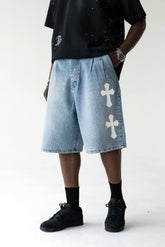 BLACK ISLAND Bermuda Jeans Jorts Con Dettagli Croci e Brillantini