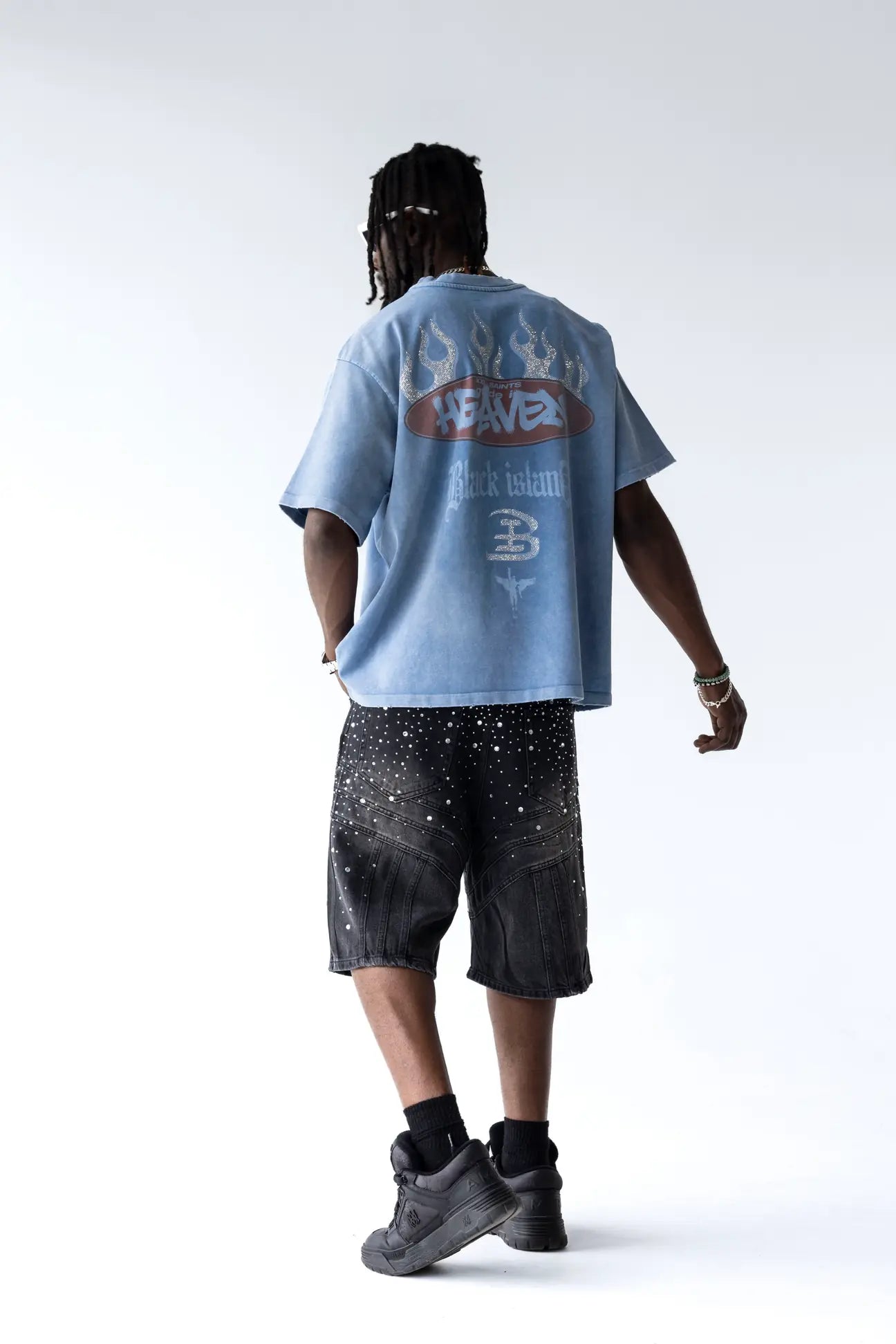 BLACK ISLAND T-Shirt In Cotone Sfumata Cropped Con Stampa e Brillantini Fronte e Retro Azzurra