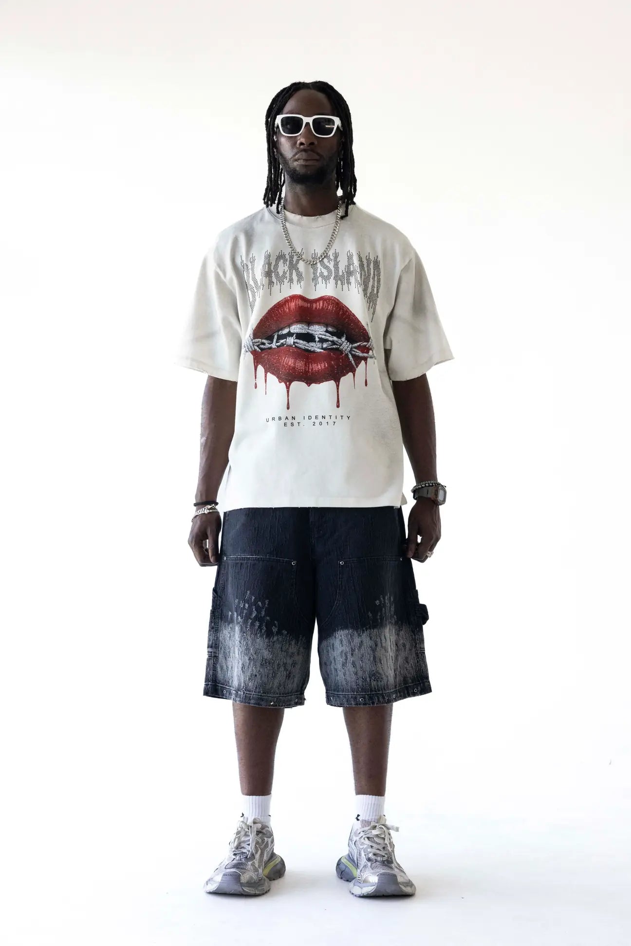 BLACK ISLAND T-Shirt In Cotone Stampa Bocca Frontale Rosa Dei Venti Retro Bianco Stone Wash