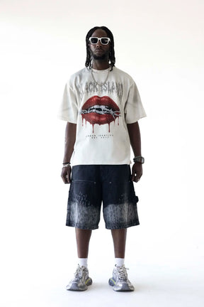 BLACK ISLAND T-Shirt In Cotone Stampa Bocca Frontale Rosa Dei Venti Retro Bianco Stone Wash