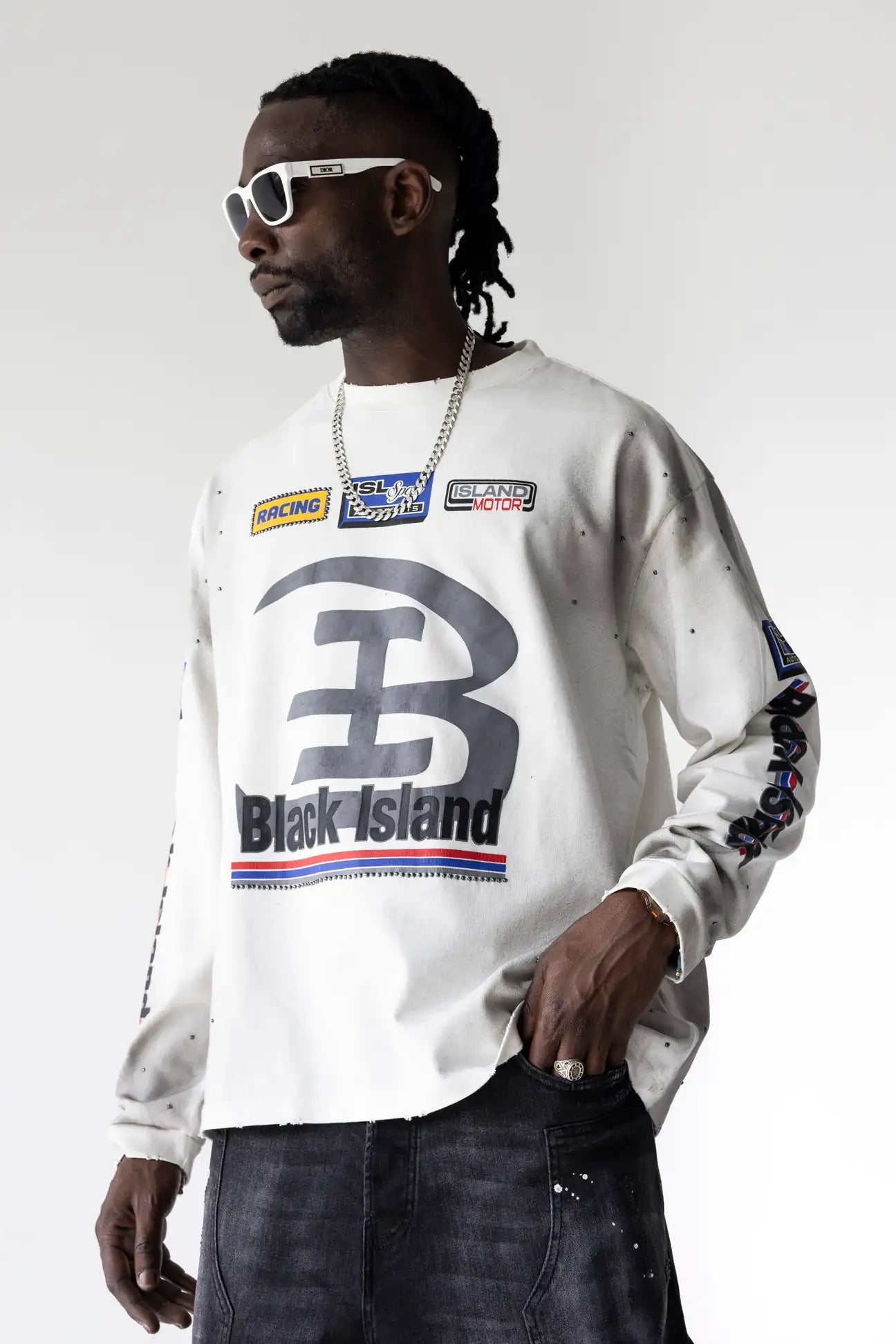 BLACK ISLAND Long Sleeve Racing Effetto Sporco Multilogo Bianca