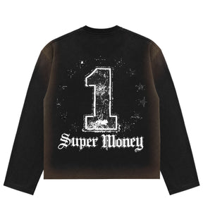 ART SUPER MONEY GRILLZ Long Sleeves Tee Con Stampa e Strass Fronte e Retro Nera