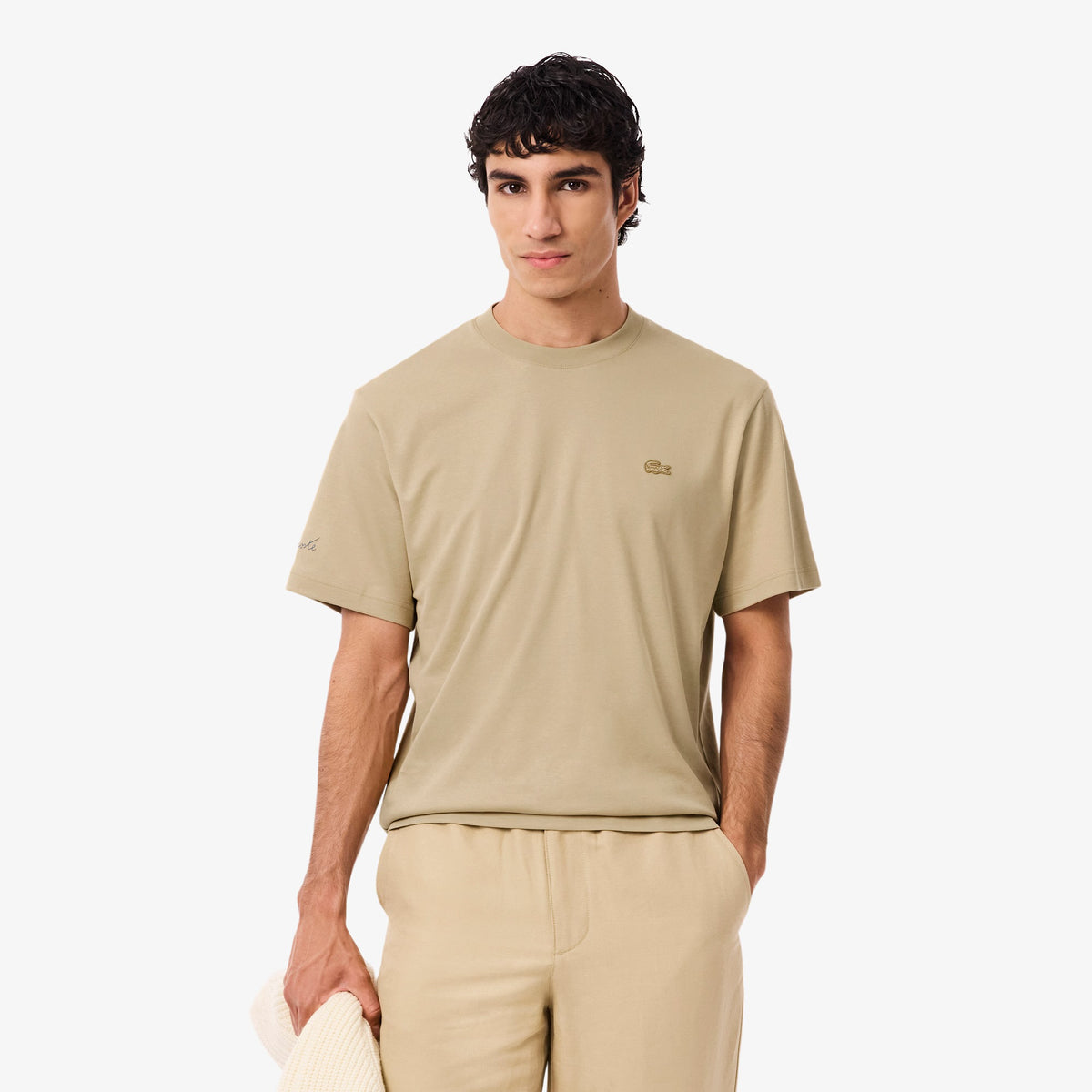 LACOSTE T-Shirt Con Ricamo Sulla Manica Beige