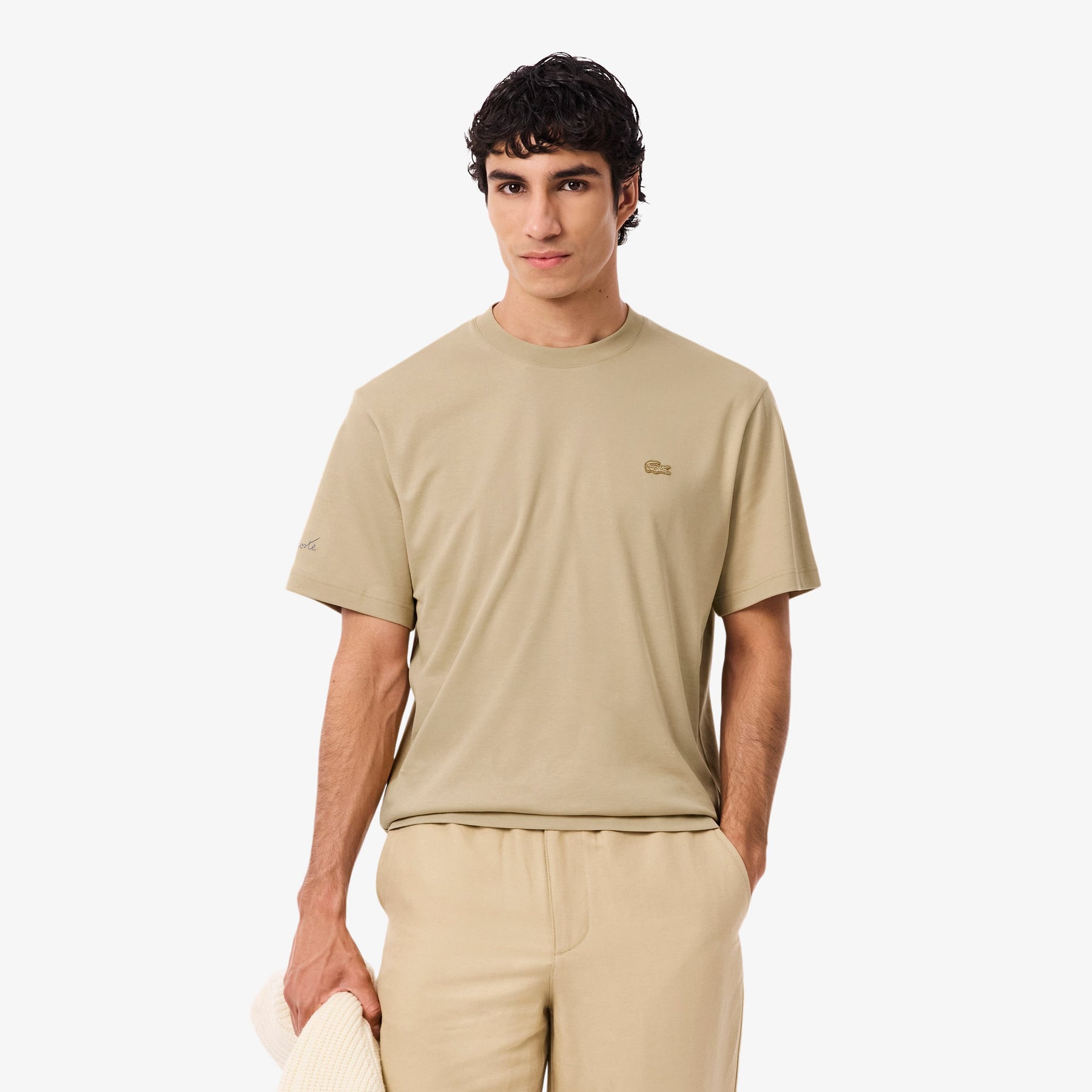 LACOSTE T-Shirt Con Ricamo Sulla Manica Beige
