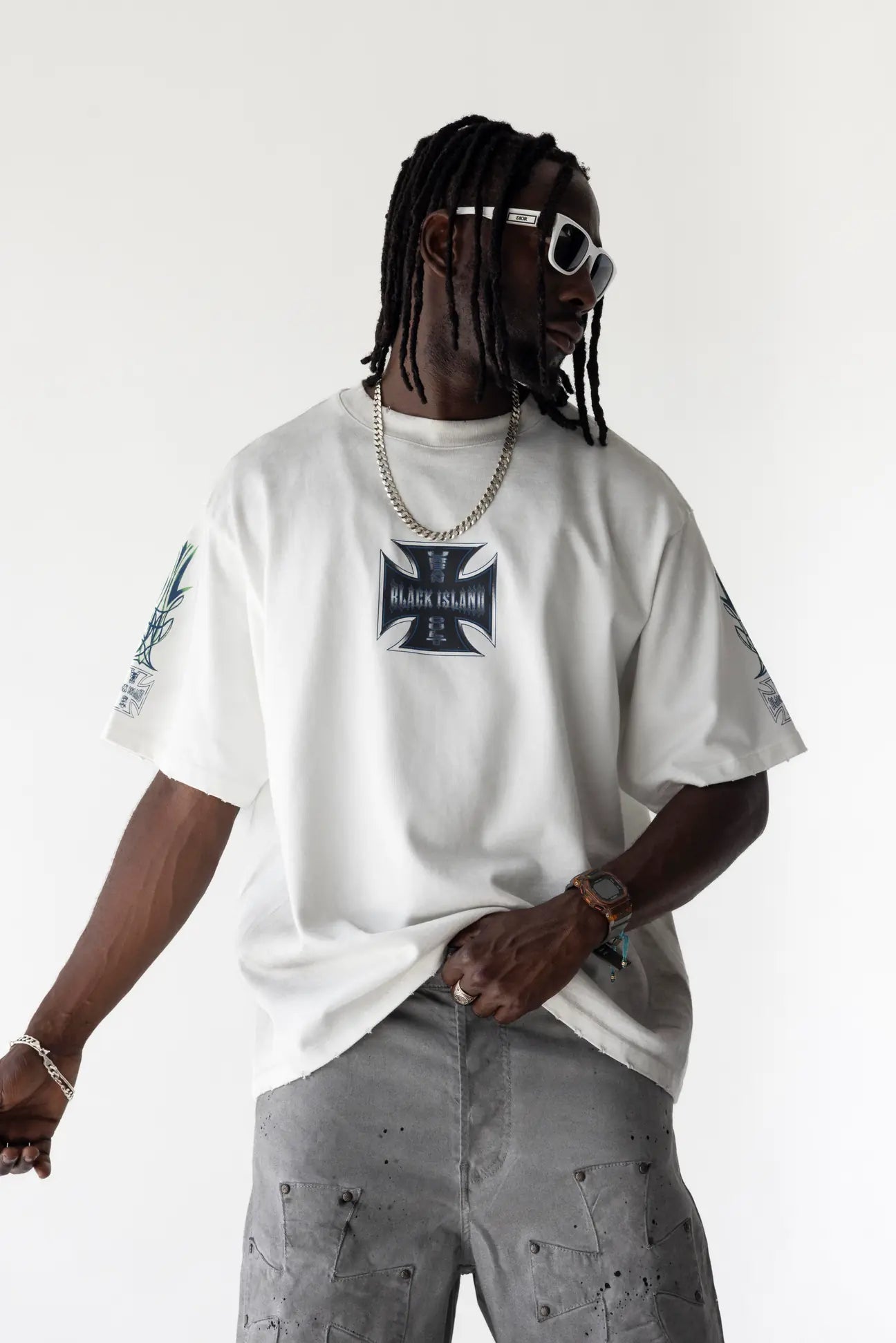 BLACK ISLAND T-Shirt In Cotone Stampa Croce Fronte e Retro Bianco Stone Wash