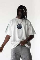 BLACK ISLAND T-Shirt In Cotone Stampa Croce Fronte e Retro Bianco Stone Wash