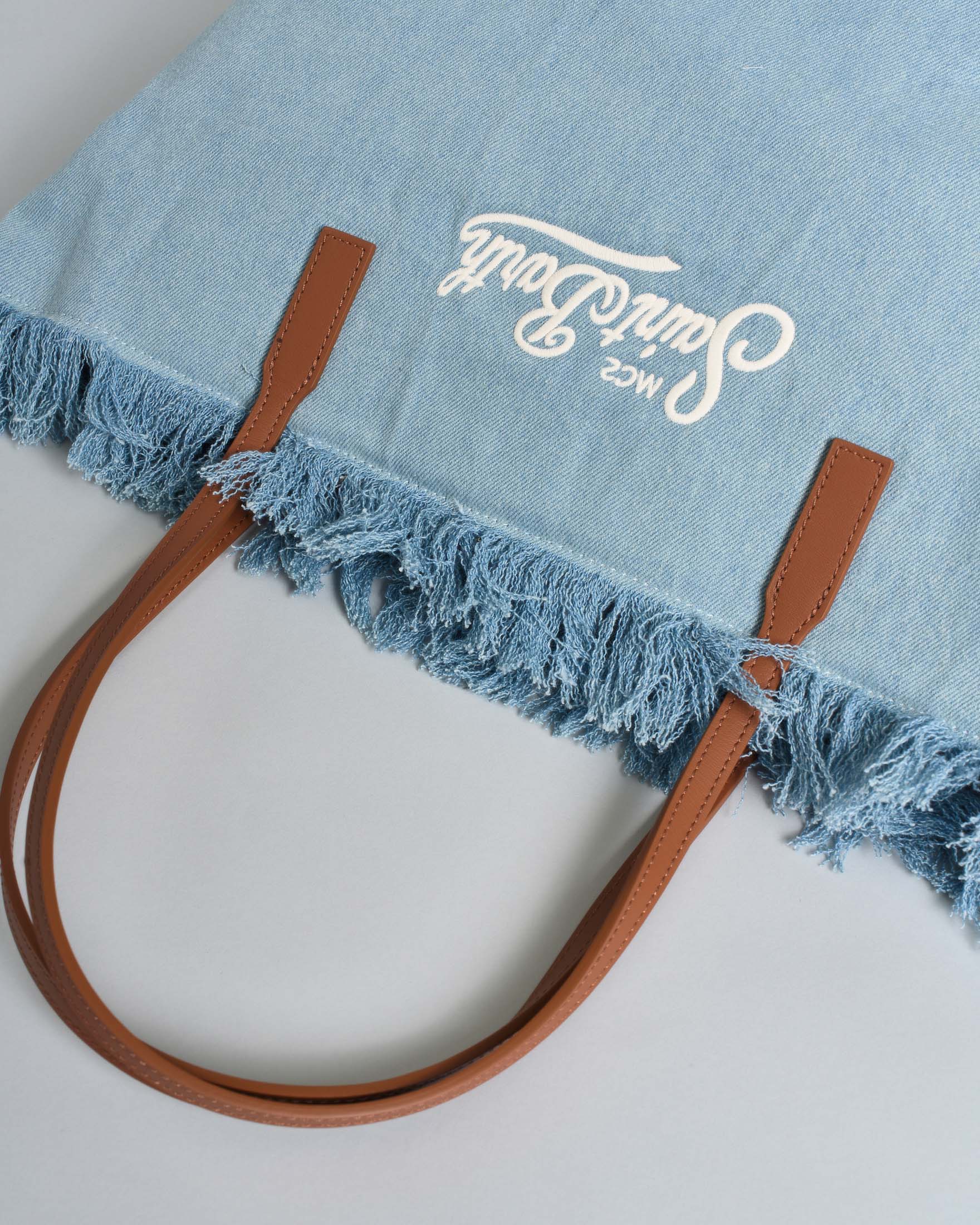 SAINT BARTH Borsa City Medium in cotone effetto denim blu chiaro con chiusura a zip e frange
