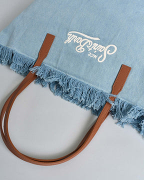 SAINT BARTH Borsa City Medium in cotone effetto denim blu chiaro con chiusura a zip e frange