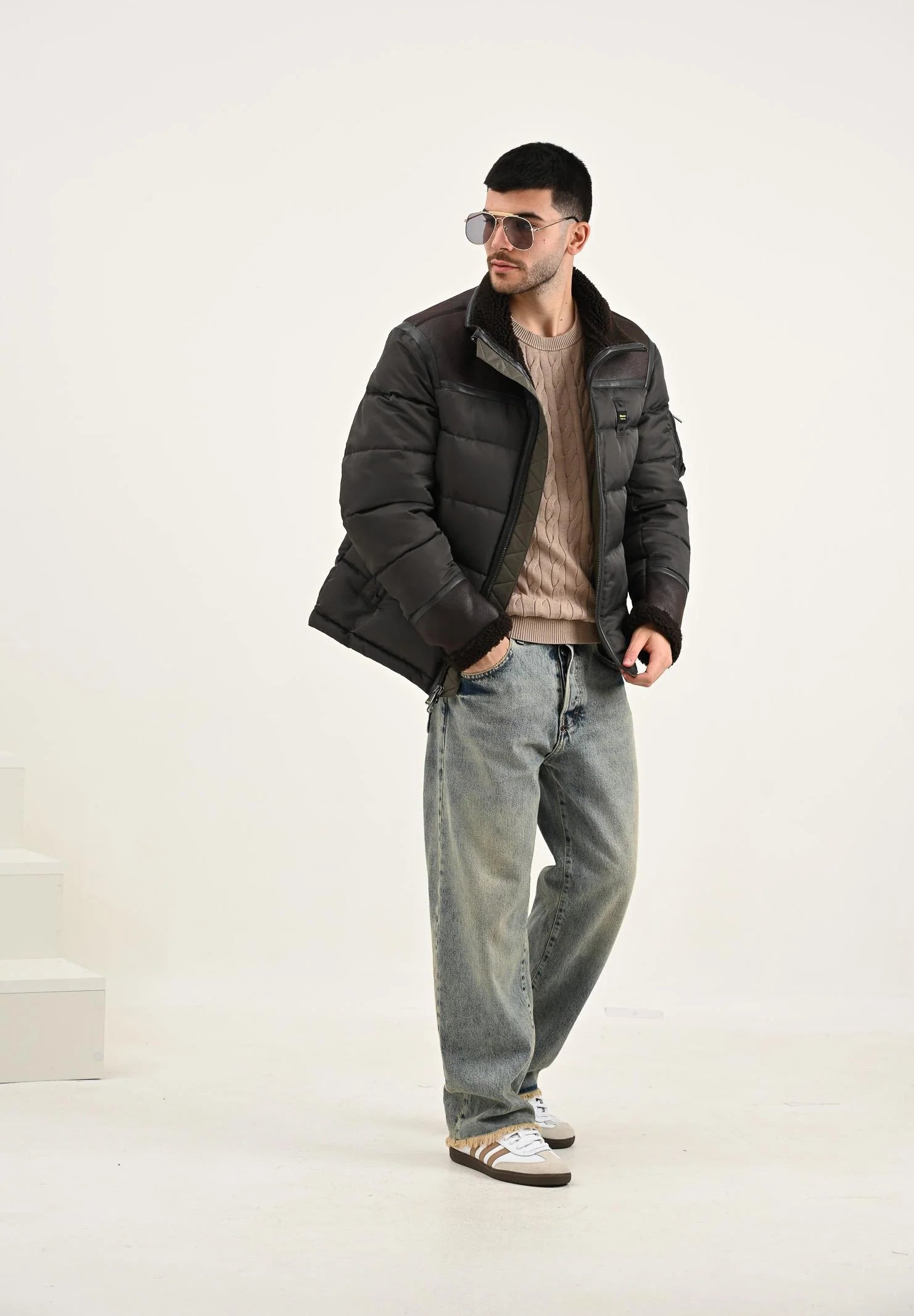 BLAUER Giubbotto Uomo Ovattato Invernale Metà Pelle Montone Metà Fasciato Nero