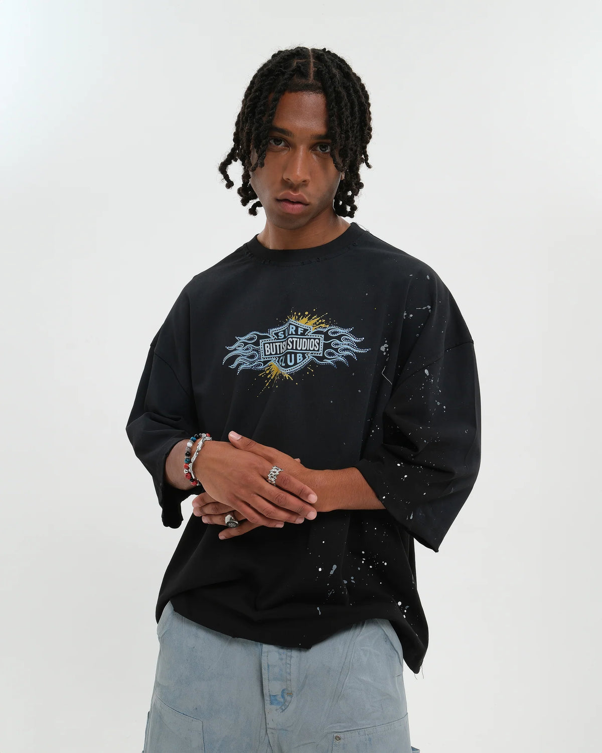 BUTISH T-Shirt Racing Stampa Fronte e Retro Con Strass Nera