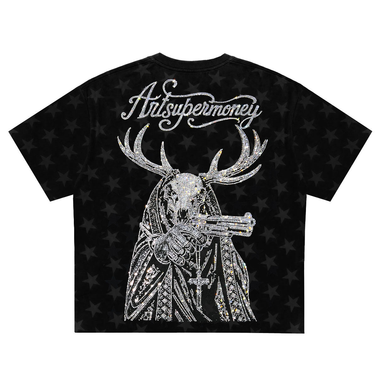 ART SUPER MONEY T-Shirt Holy Guns Con Stampa e Strass Fronte Retro Con Stampa Star Nera