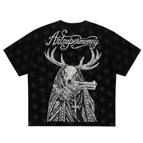 ART SUPER MONEY T-Shirt Holy Guns Con Stampa e Strass Fronte Retro Con Stampa Star Nera