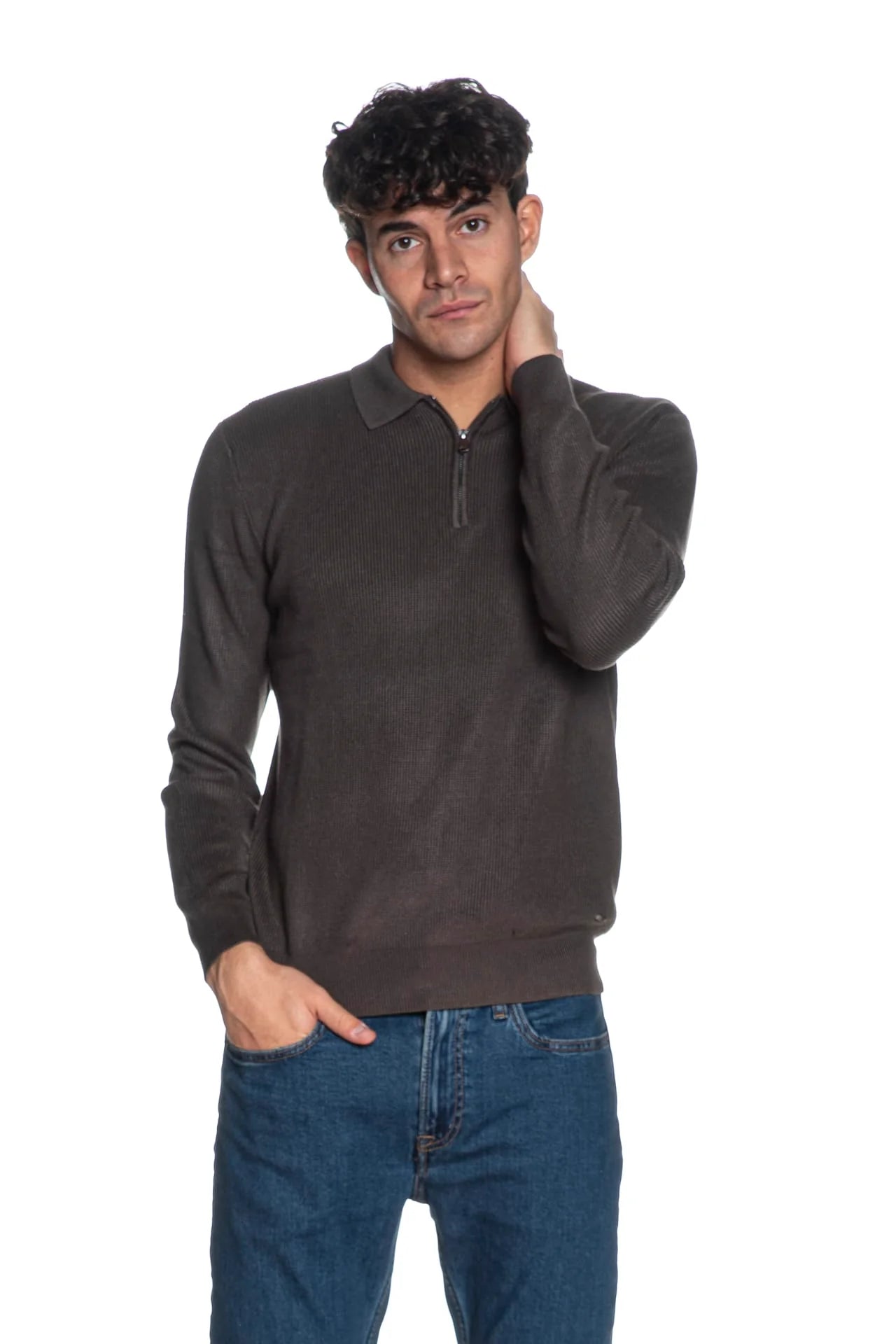 GIANNI LUPO Polo A Mezza Zip Maniche Lunghe Grigio