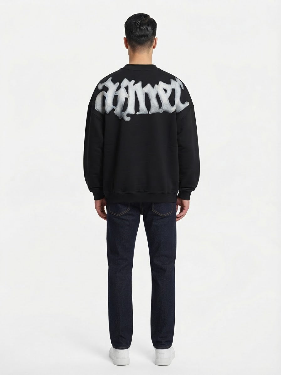 DISCLAIMER Felpa Oversize Girocollo Nera Logo Frontale Grigio Chiaro a Contrasto