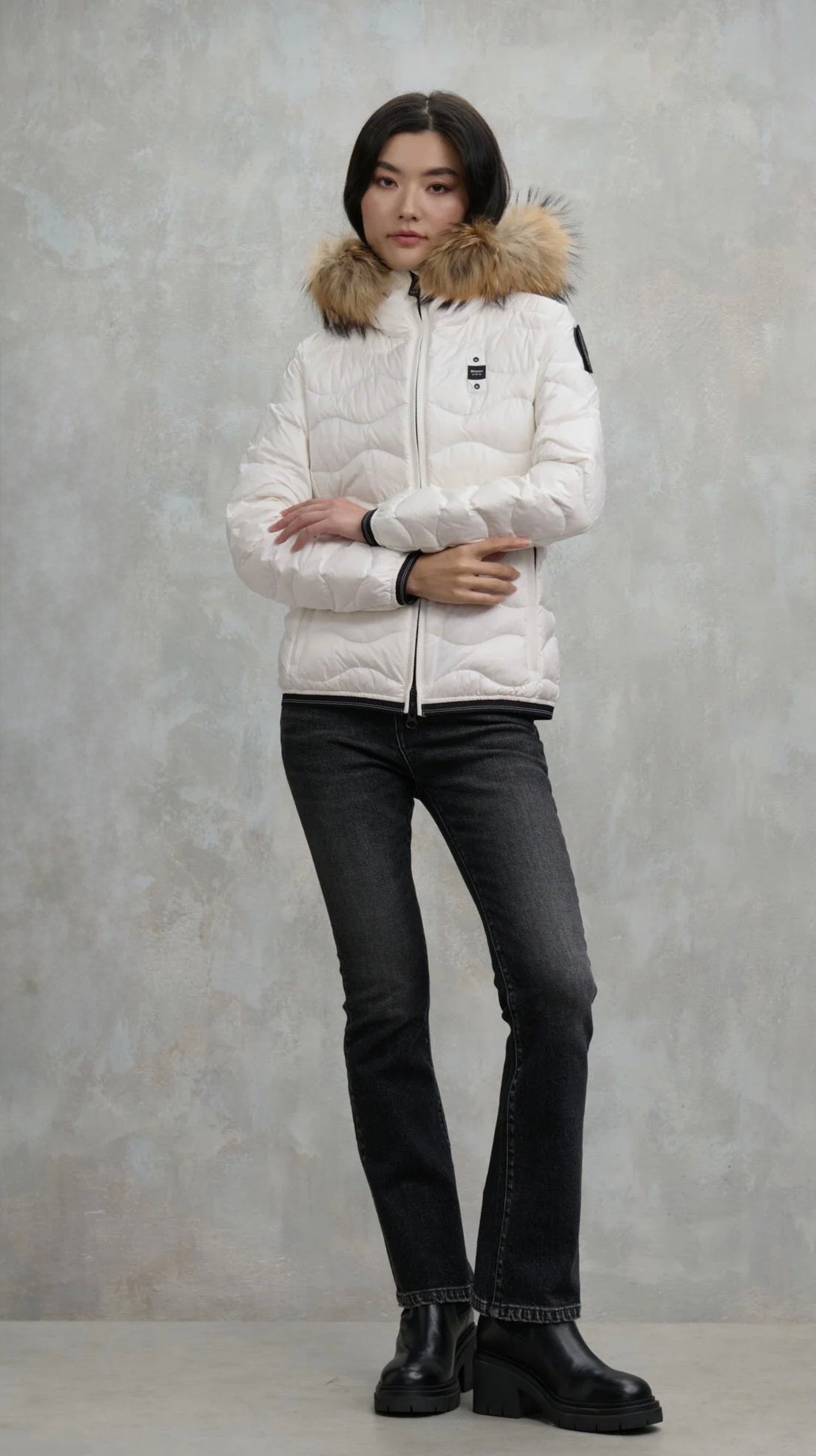 BLAUER Giubbotto Donna Piumino Invernale Ondulato Bianco con Pelliccia