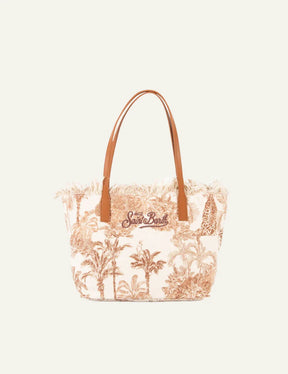 SAINT BARTH BORSA CITY BAG MID IN CANVAS JUNGLE OCEANIA CON FRANGE BEIGE