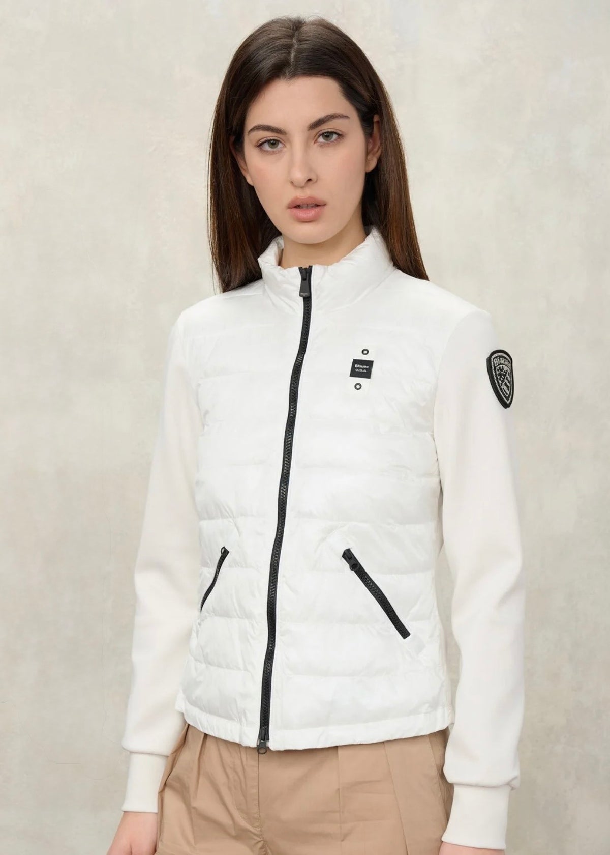 BLAUER Haskel Antivento Donna Meta Fasciato Metà Liscio Senza Cappuccio Bianco