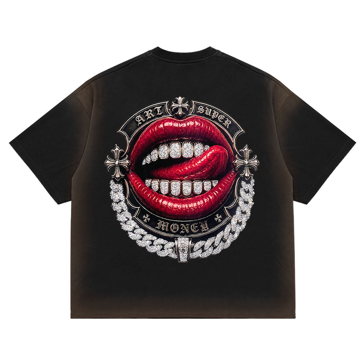 ART SUPER MONEY T-Shirt T-BAR Con Stampa e Strass Retro Nera