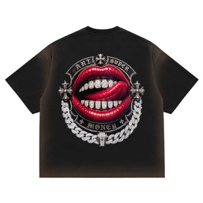ART SUPER MONEY T-Shirt T-BAR Con Stampa e Strass Retro Nera