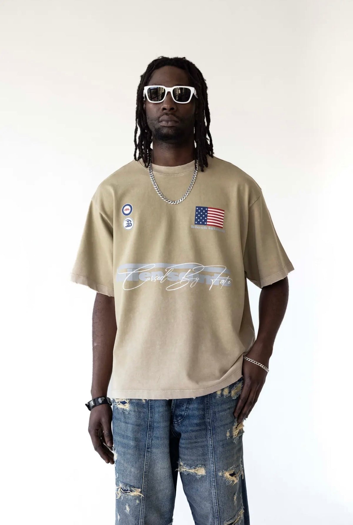 BLACK ISLAND T-Shirt In Cotone Sfumata Cropped Con Stampa America Beige