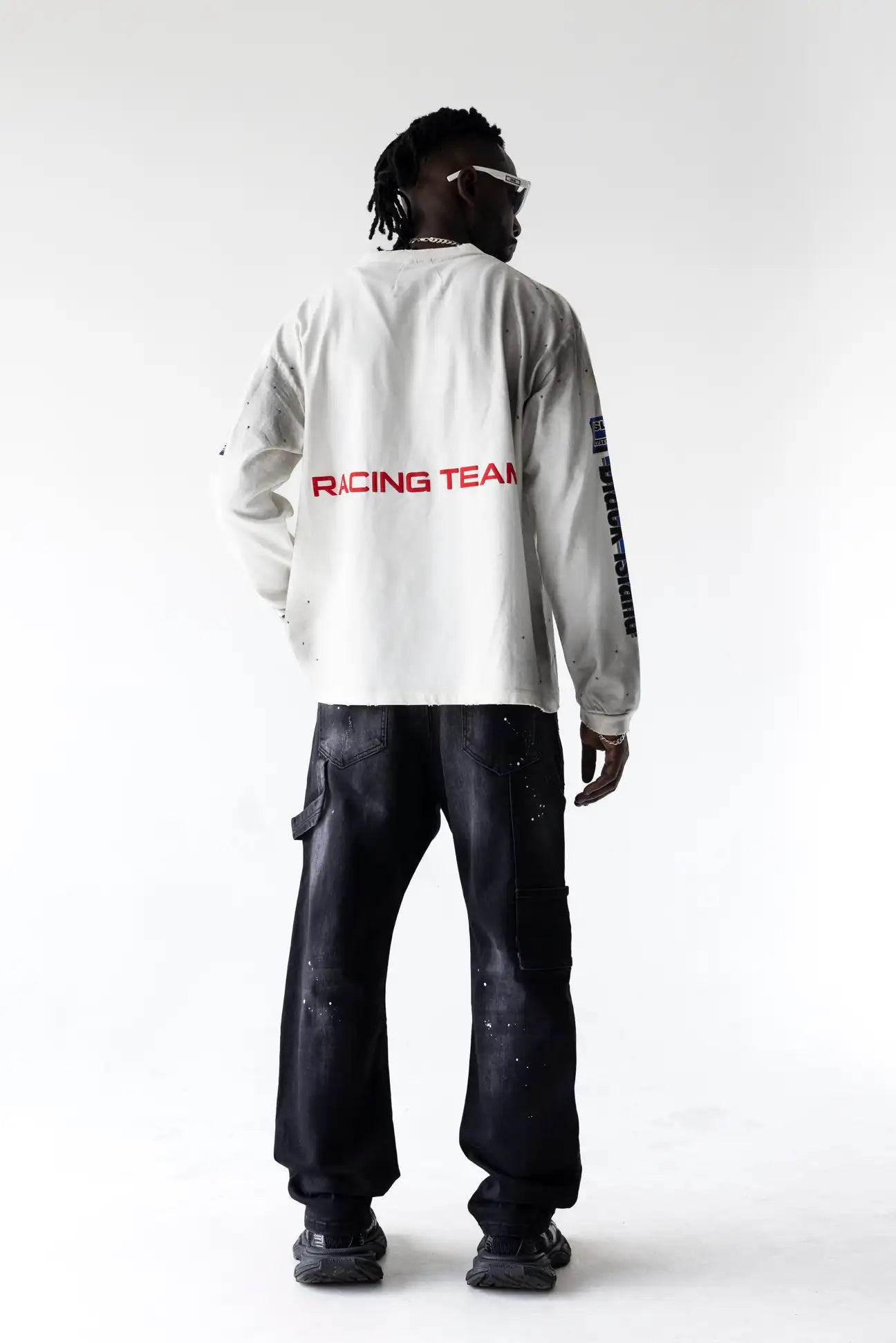 BLACK ISLAND Long Sleeve Racing Effetto Sporco Multilogo Bianca