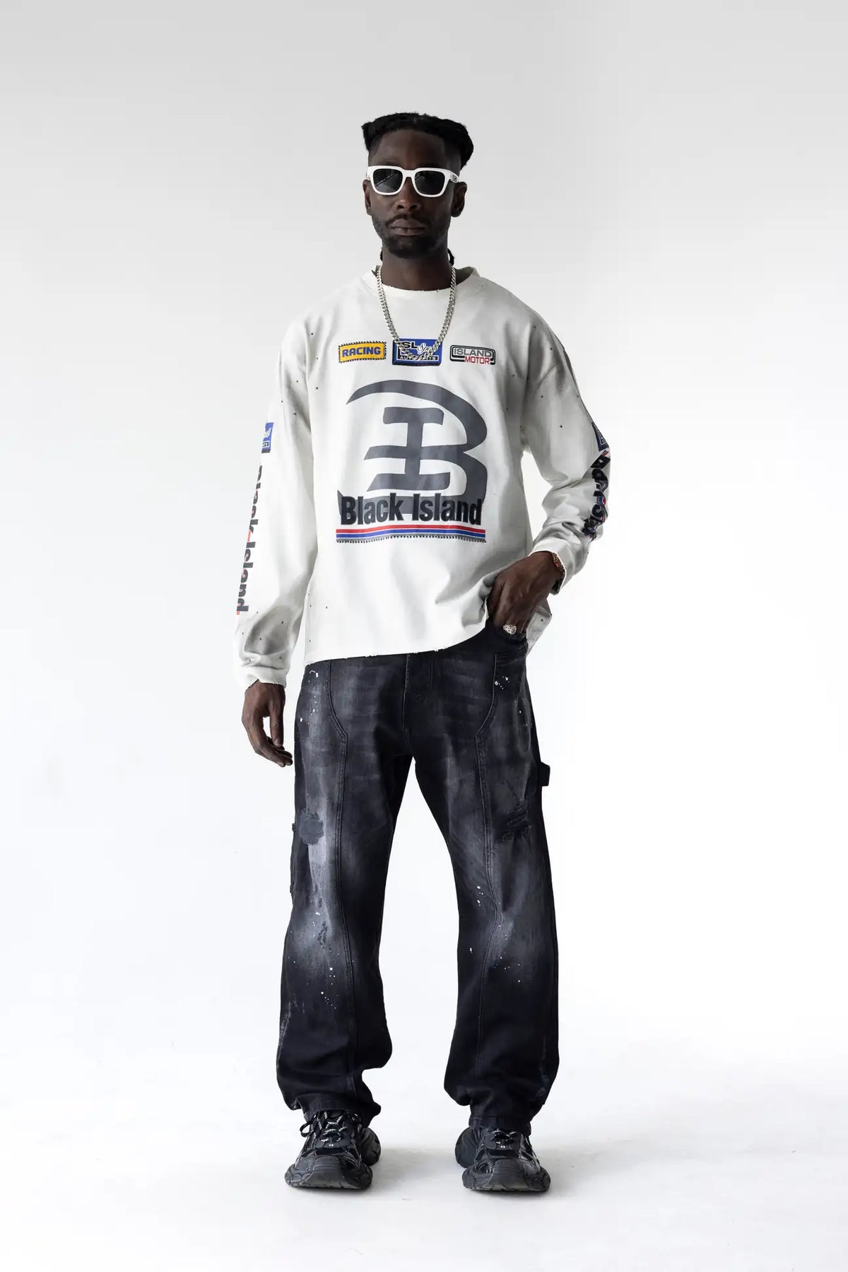 BLACK ISLAND Long Sleeve Racing Effetto Sporco Multilogo Bianca