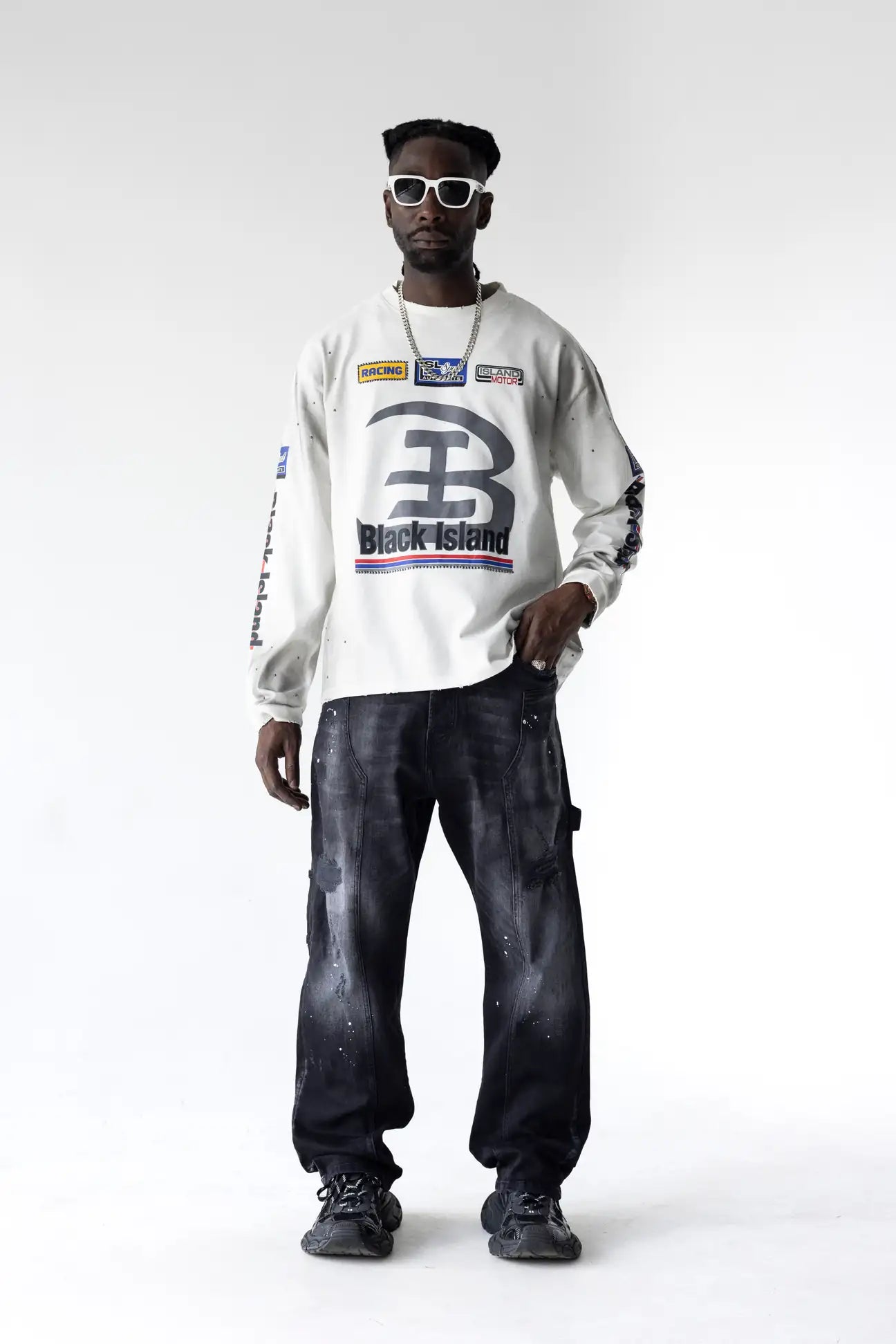BLACK ISLAND Long Sleeve Racing Effetto Sporco Multilogo Bianca