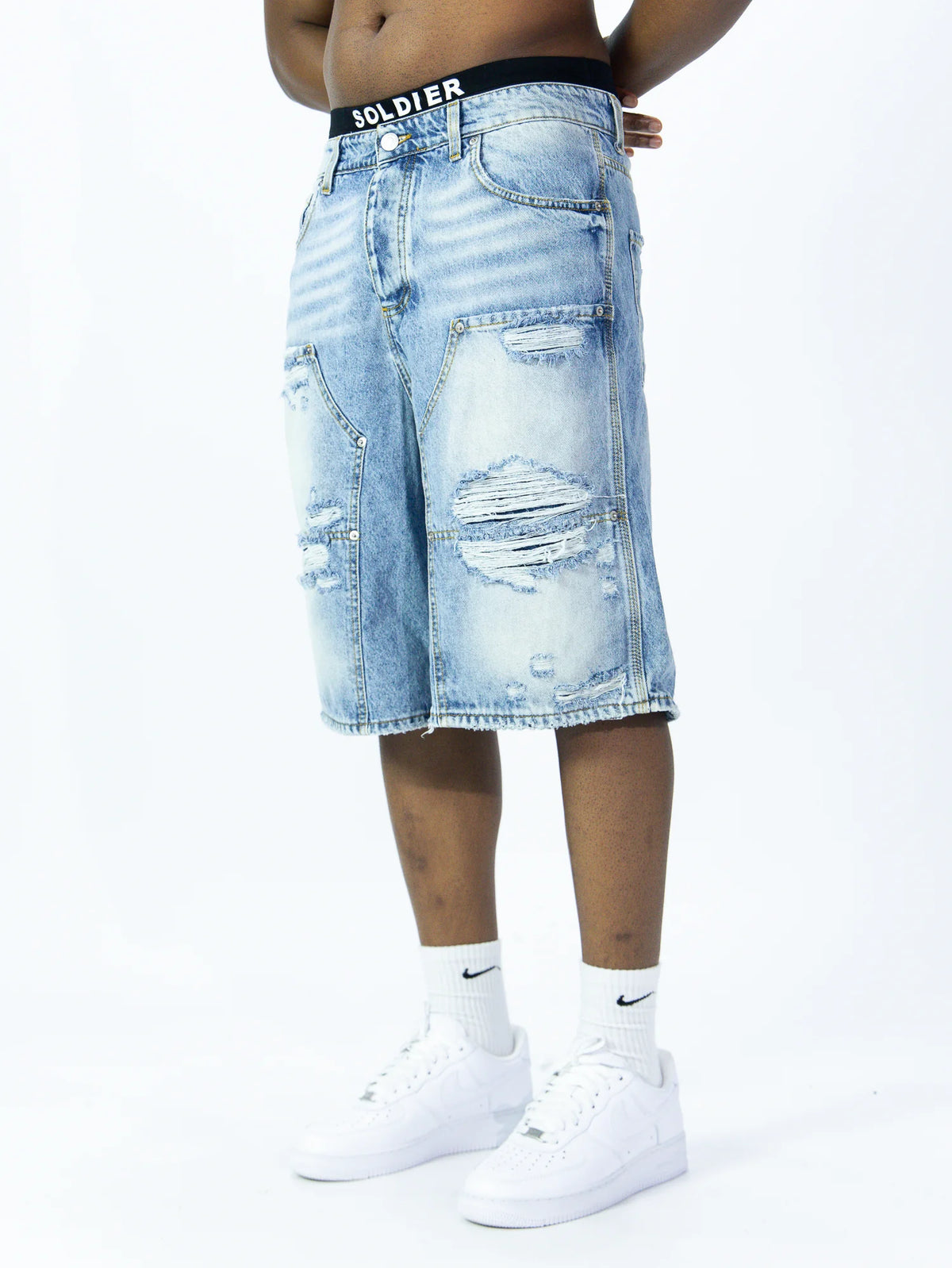 SOLDIER Bermuda Jorts Jeans In Denim Modello Carpenter Denim Chiaro Con Rotture