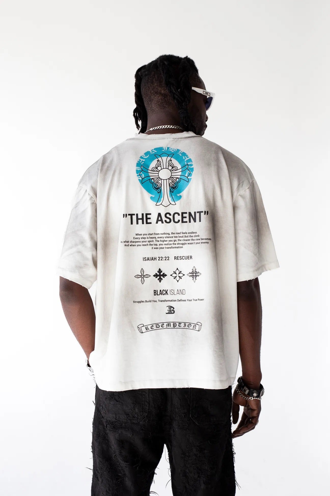 BLACK ISLAND T-Shirt In Cotone Bianca Sfumata Effetto Sporco Cropped Con Stampa Azzurra