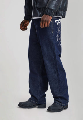 EH HARDY Jeans Baggy Con Patch Ragnatela e Stampa Retro Lavaggio Denim Blu Scuro