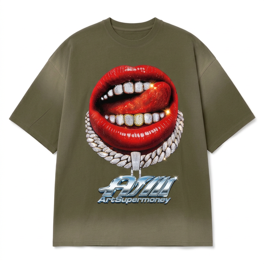 ART SUPER MONEY T-Shirt GRILLZ Con Stampa e Strass Fronte Retro Verde Militare